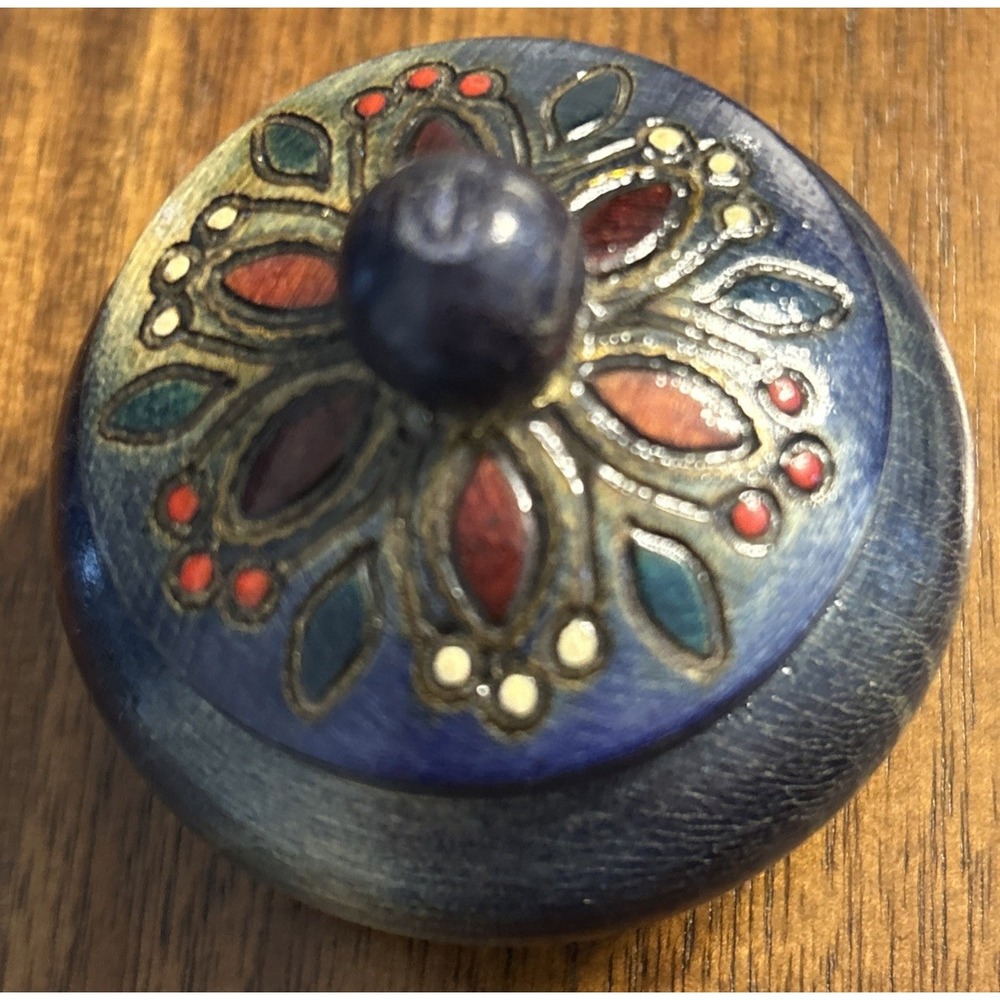 Hand Carved Small Decorative Round Wooden Trinket Box w/ Lid Blue Stain (sealed)